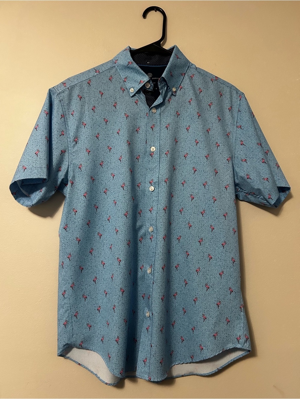 Men's Light Blue Short-Sleeve Button-Down Shirt with Flamingo Print, Size S